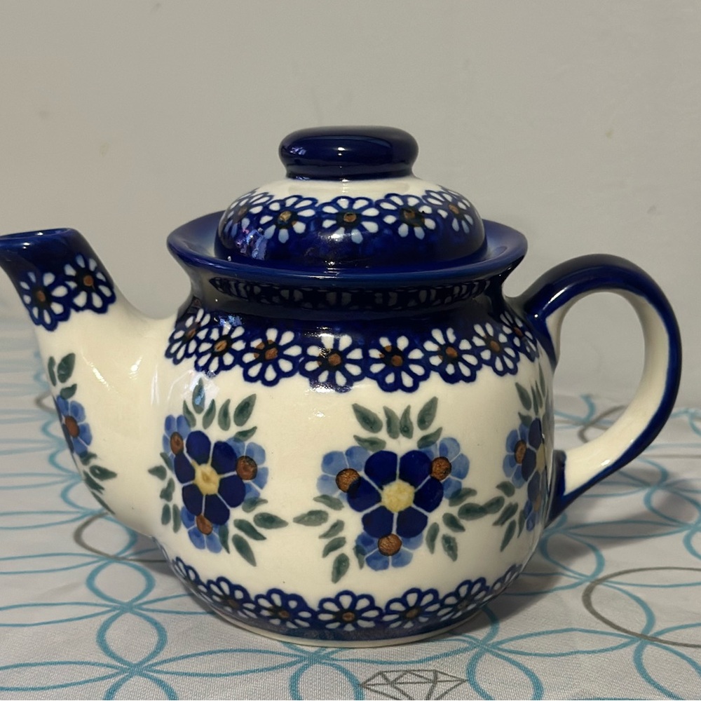 Polish pottery Floral Blue and White Teapot